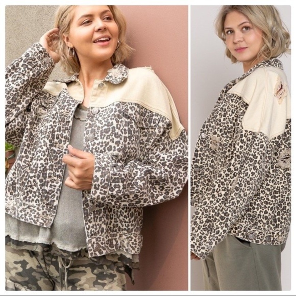 POL Leopard Print Distressed Denim Jacket Tan Colorblock Oversized S Western